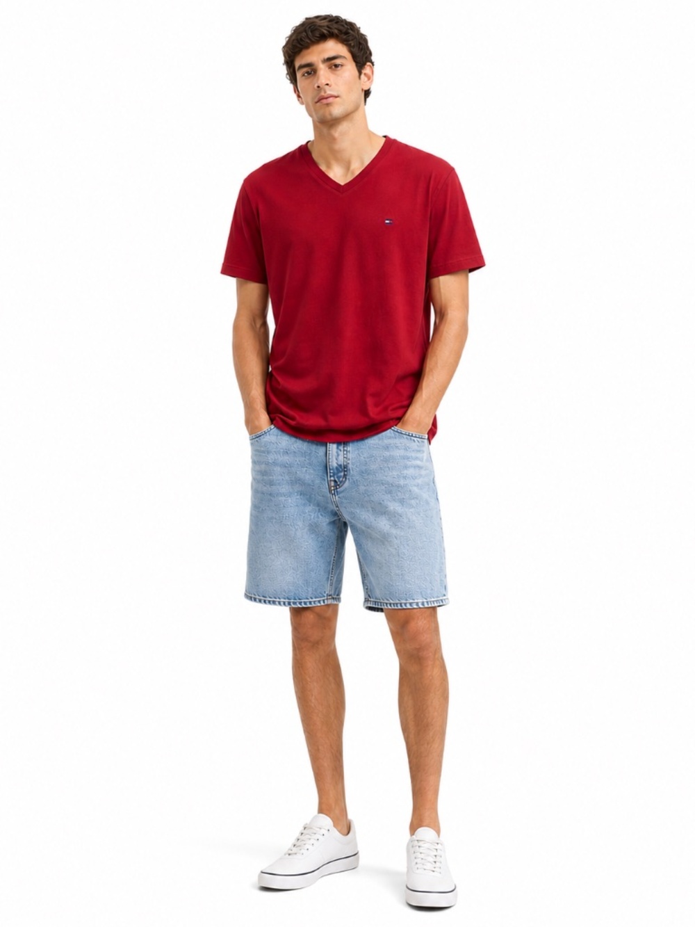 Tommy Hilfiger Men’s Deep Red V-Neck Tee w Logo – Size Medium GUC